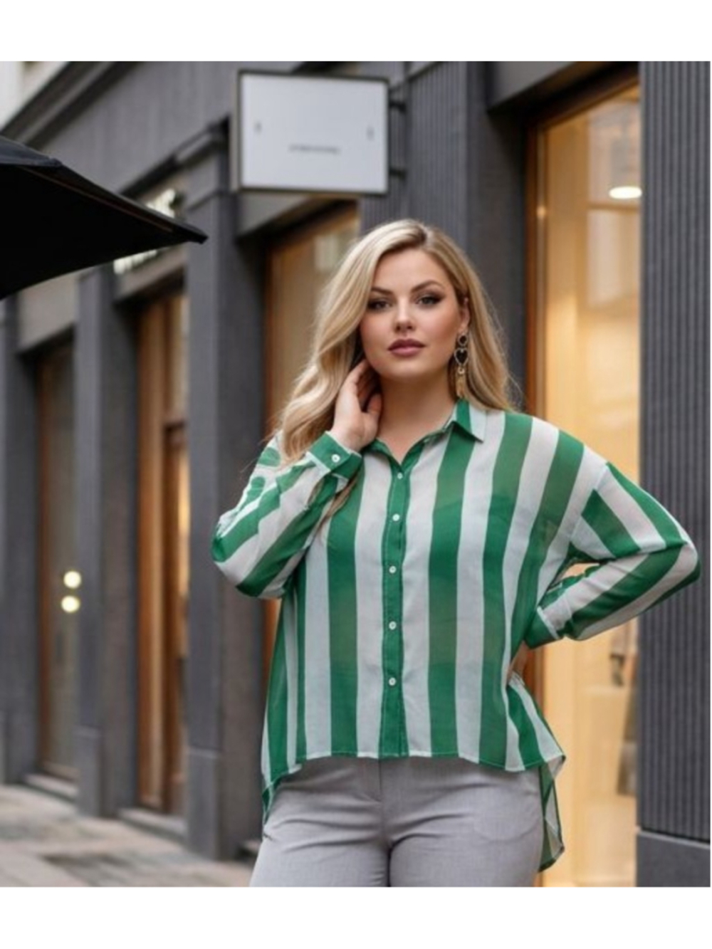 Plus-size Green & White Striped Button Sheer Button Down Shirt 3X Avant-garde